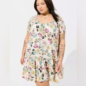 Torrid Mini Washable Gauze Puff Sleeve Tiered Trapeze Dress